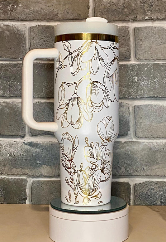 Magnolia Flower Laser Engraved Tumbler – Stainless Steel Insulated Cup, for Flower Lovers, Birthdays, and Special Occasions