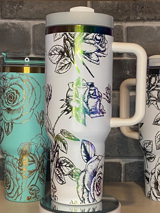 Roses Laser Engraved Tumbler - Custom Floral Drinkware - Perfect Gift for Garden Lovers, Birthdays, and Special Occasions