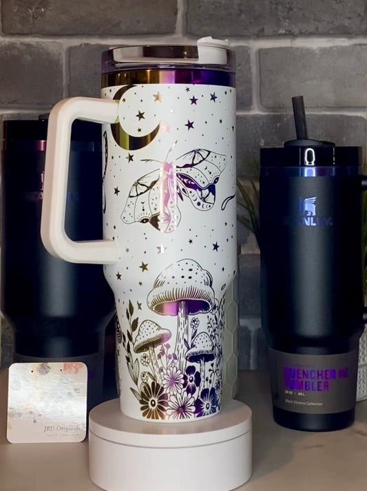 Mushrooms and Moths Laser Engraved Tumbler - Custom Floral Drinkware - Perfect Gift for Garden Lovers, Birthdays, and Special Occasions