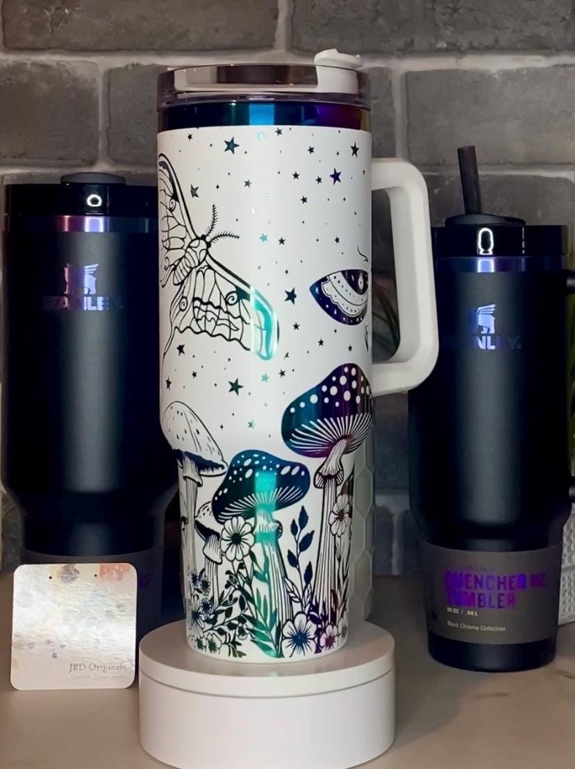 Mushrooms and Moths Laser Engraved Tumbler - Custom Floral Drinkware - Perfect Gift for Garden Lovers, Birthdays, and Special Occasions