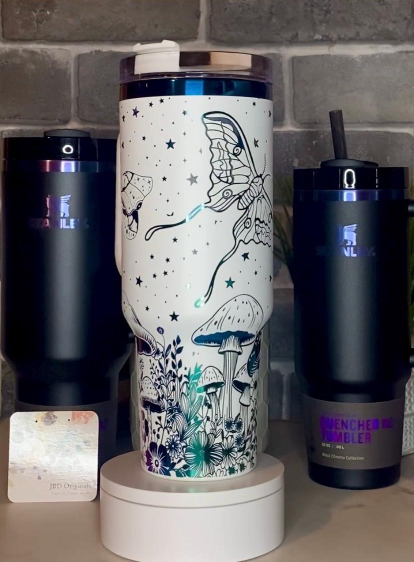 Mushrooms and Moths Laser Engraved Tumbler - Custom Floral Drinkware - Perfect Gift for Garden Lovers, Birthdays, and Special Occasions