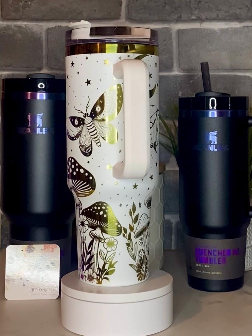 Mushrooms and Moths Laser Engraved Tumbler - Custom Floral Drinkware - Perfect Gift for Garden Lovers, Birthdays, and Special Occasions